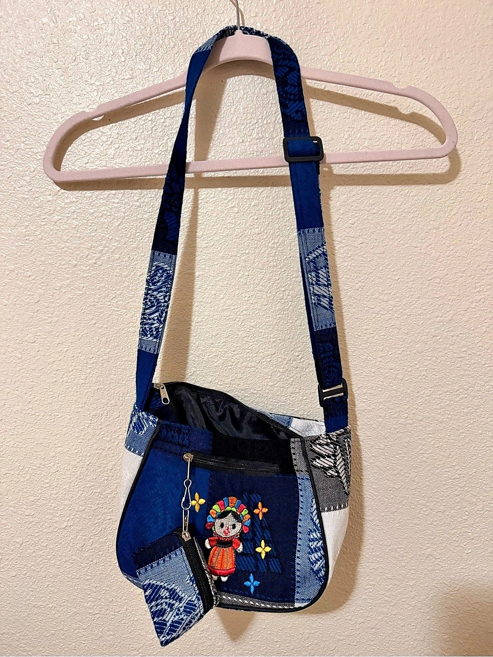 Blue Embroidered Patchwork Crossbody Bag